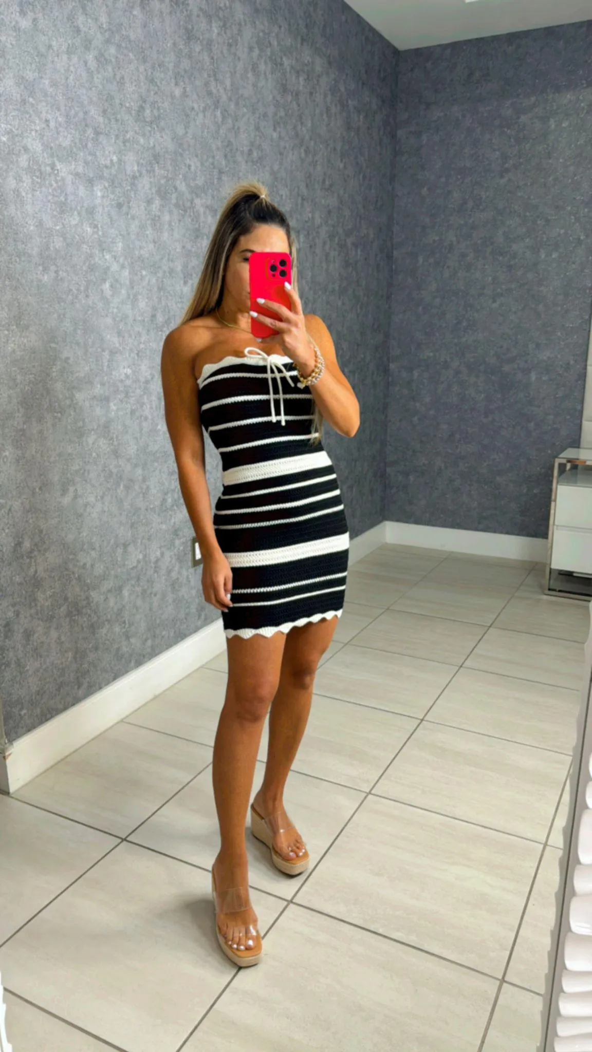 0043 Contrast crochet knit mini dress
