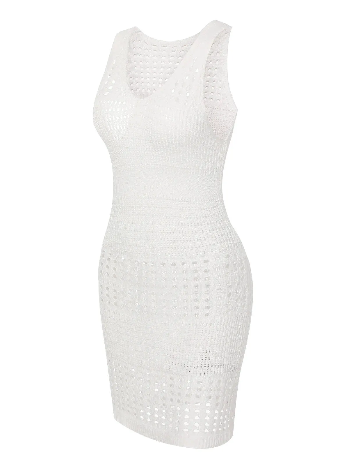 1960s Solid Hollow Out Sleeveless Knit Dress