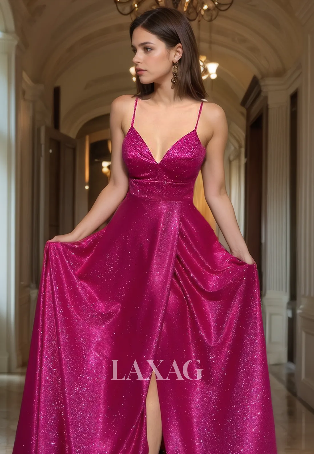 A-Line Spaghetti Straps V-Neck Off-Shoulder Glitter-Knit Pleated Prom Dress with High Slit