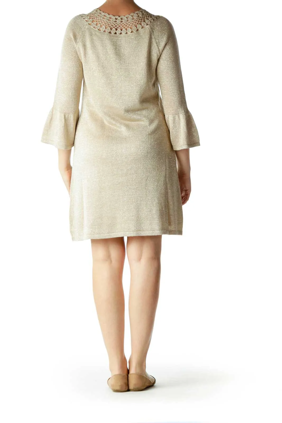 Beige Metallic Bell-Sleeves Knit Dress