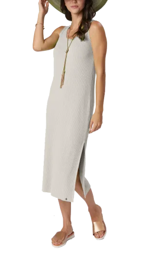 Betsy Vertical Rib Knit Sleeveless Mid-Calf Sheath Dress - Beige