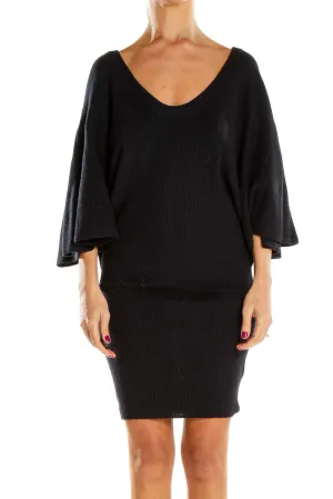 Black Ribbed Knit Batwing Sleeve Dress