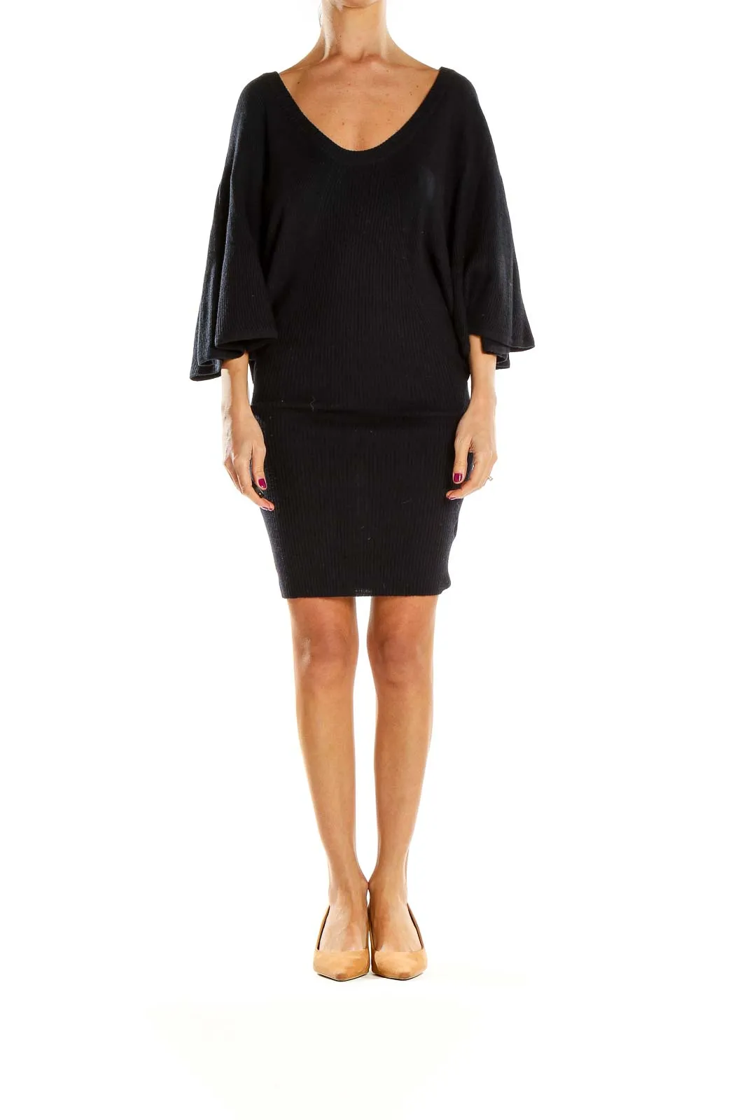 Black Ribbed Knit Batwing Sleeve Dress