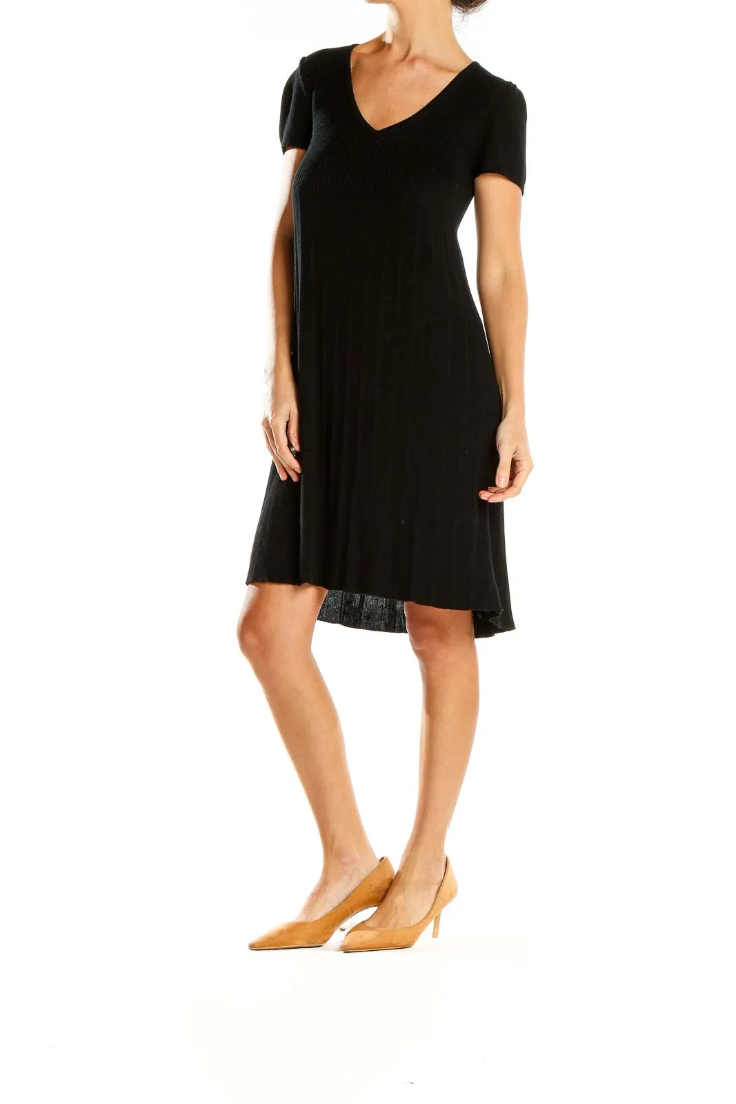 Black V-Neck Short Sleeve Knit Dress