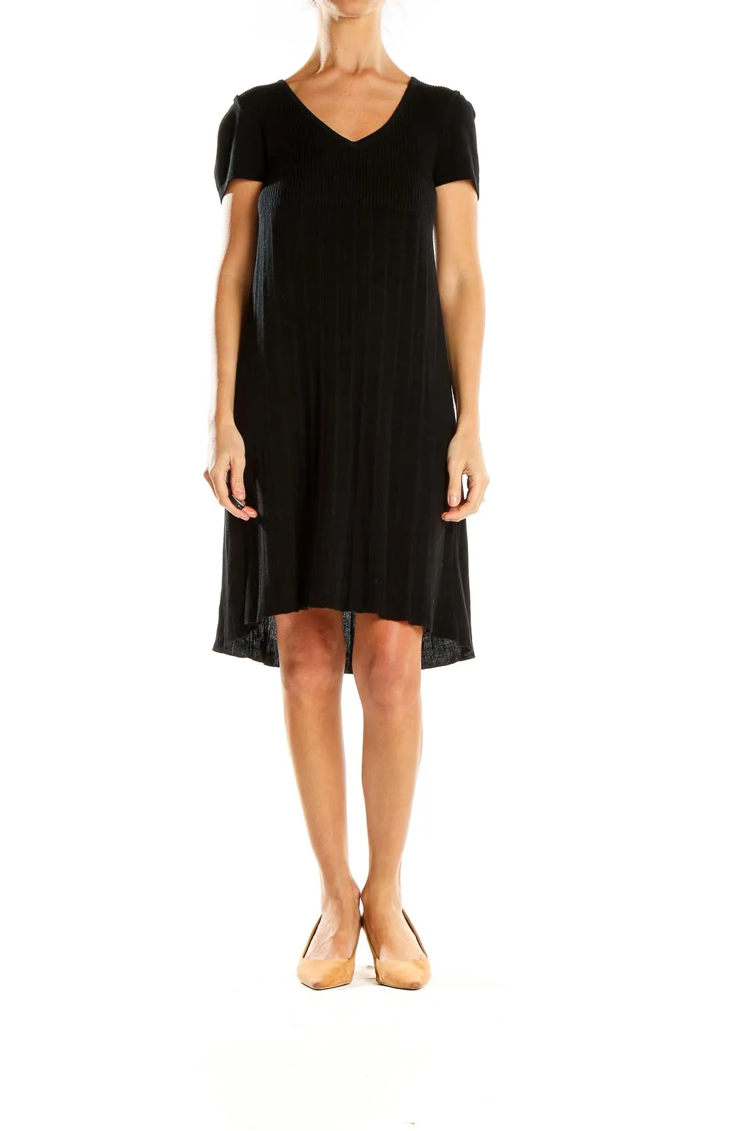 Black V-Neck Short Sleeve Knit Dress