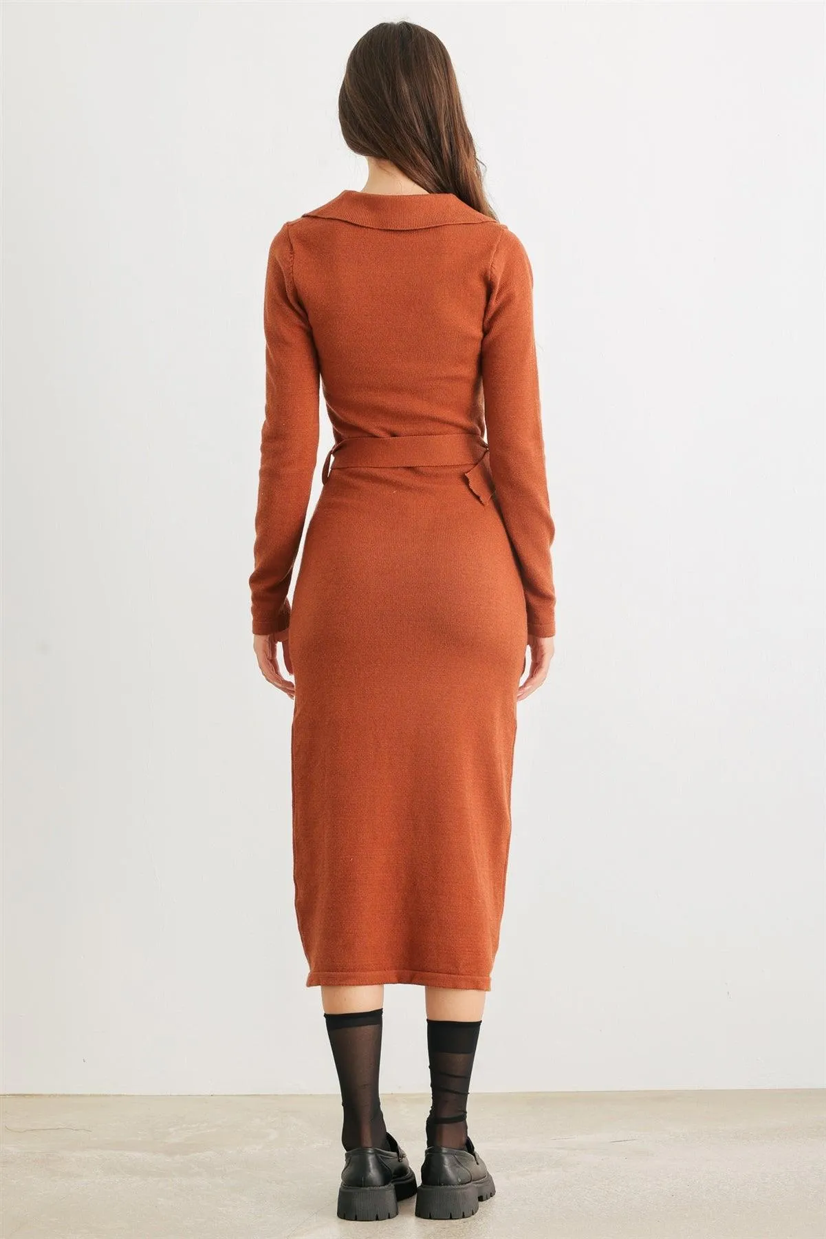 Caramel Knit Collared Neck Belted Midi Dress /2-2-2