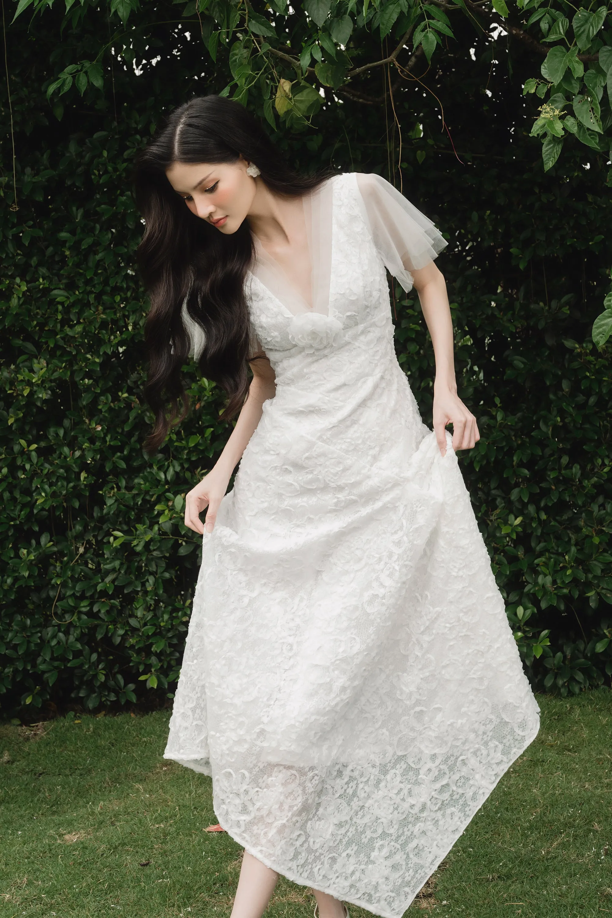 Charlotte Asymmetric V-Neck Lace Midi Dress