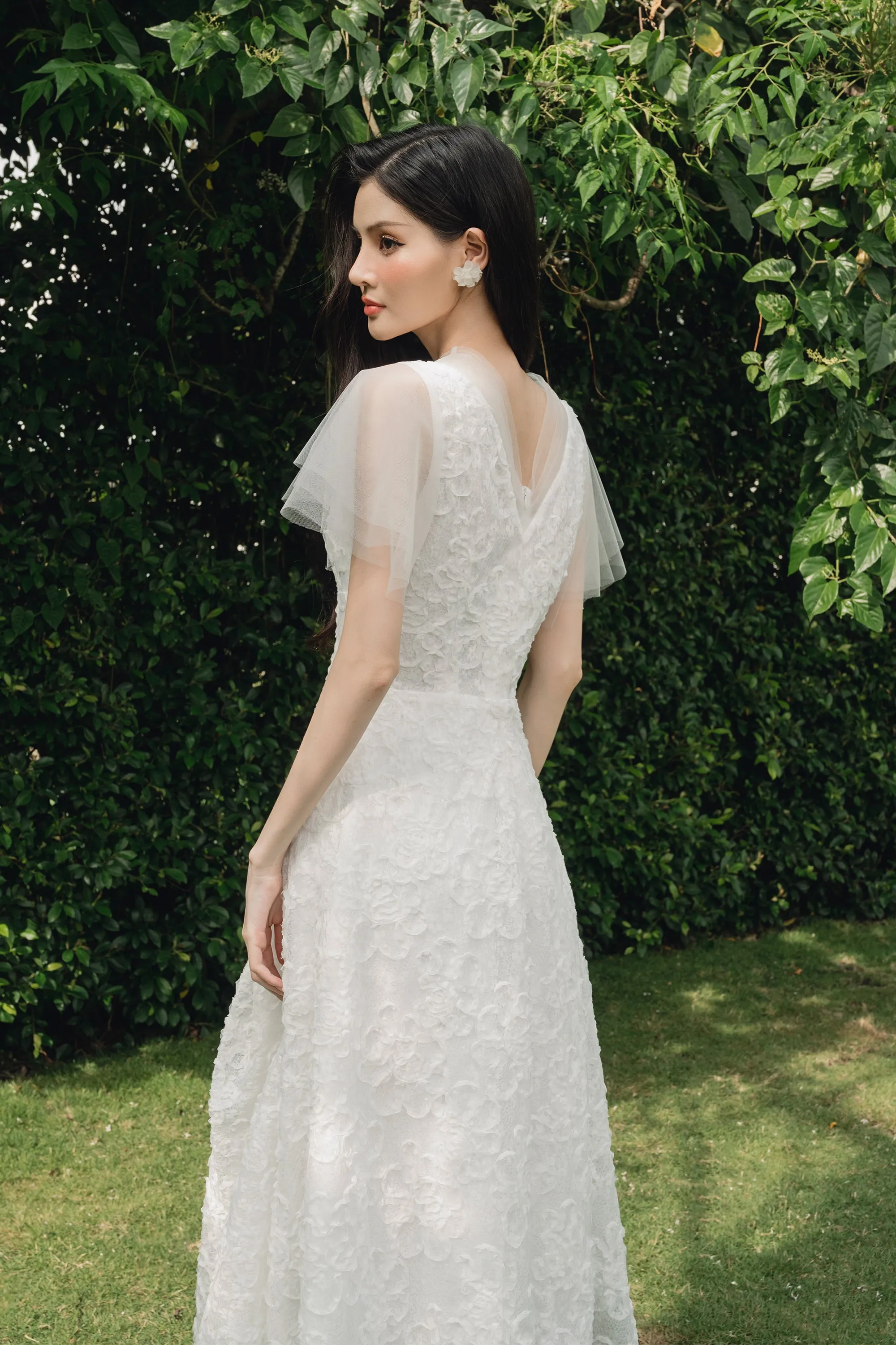 Charlotte Asymmetric V-Neck Lace Midi Dress