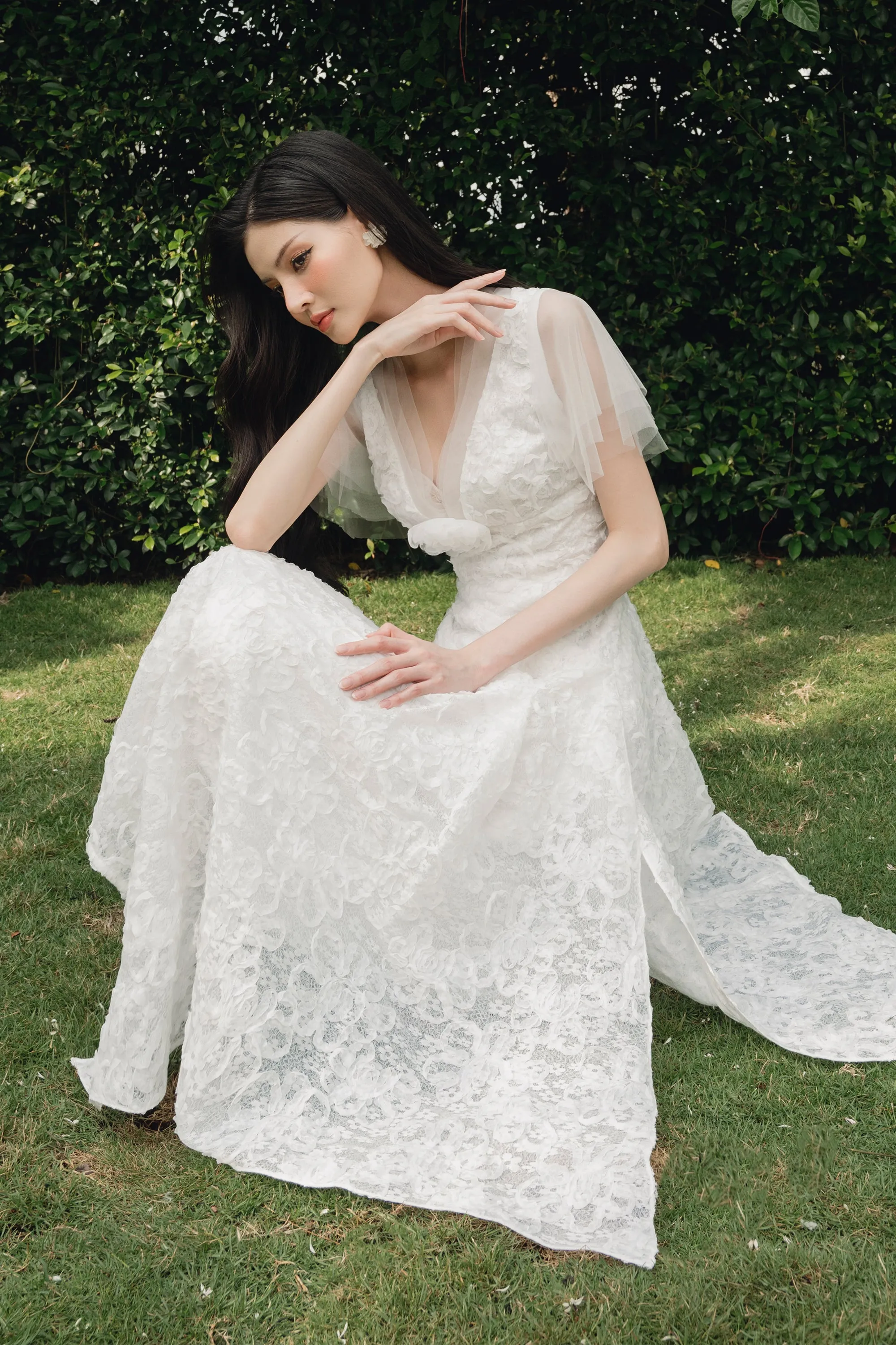Charlotte Asymmetric V-Neck Lace Midi Dress