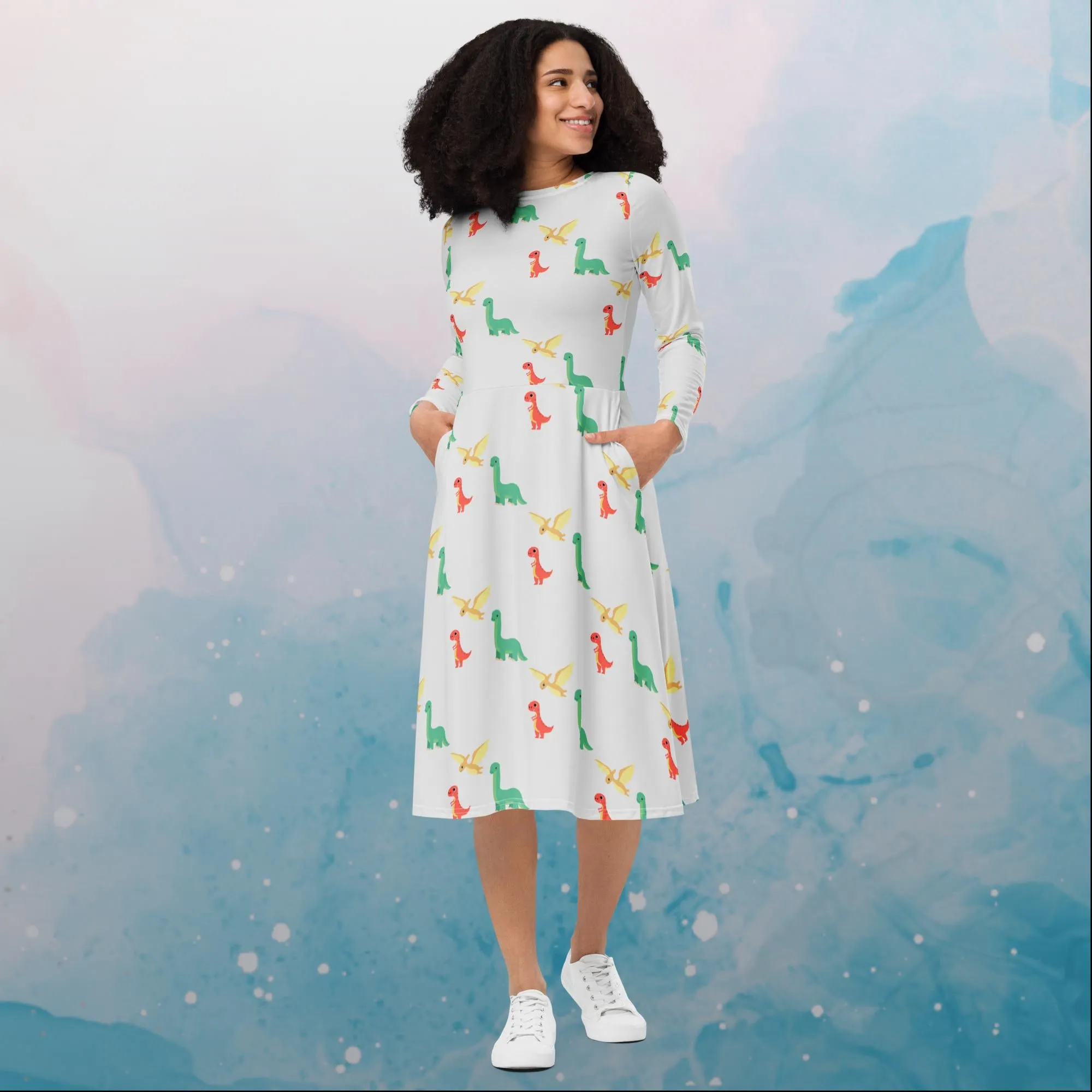 Cute Dinosaur Print Long Sleeve Midi Dress with Pockets