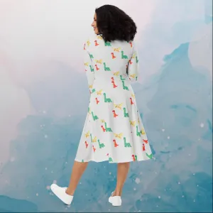 Cute Dinosaur Print Long Sleeve Midi Dress with Pockets