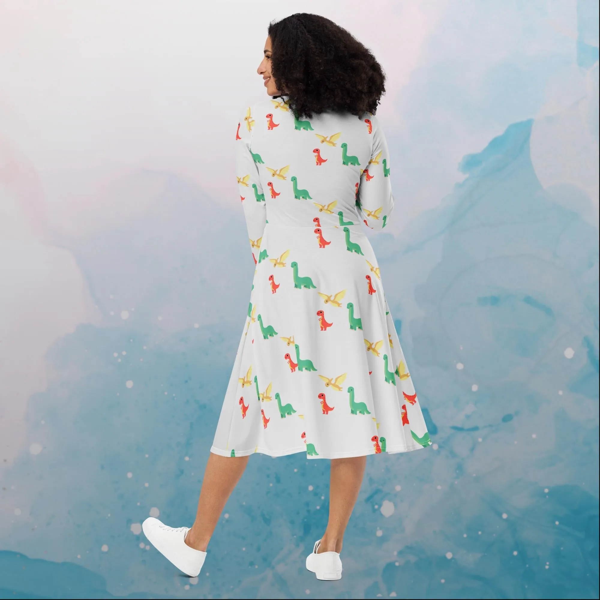 Cute Dinosaur Print Long Sleeve Midi Dress with Pockets