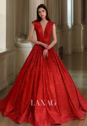 Deep V-Neck Sleeveless A-Line Formal Prom Dress Pleated Glitter-Knit Evening Gowns with Train