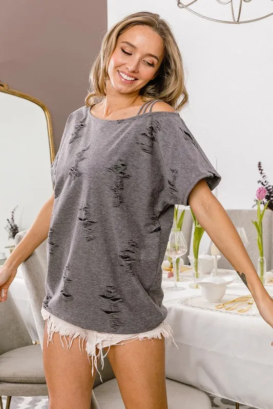 Distressed Knit Shoulder Top