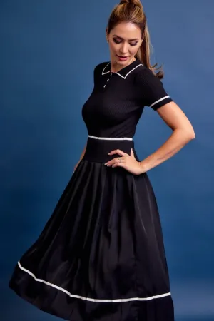 Knit Sleeveless Midi Dress Pleated Woven Skirt BLACK