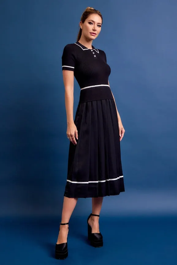 Knit Sleeveless Midi Dress Pleated Woven Skirt BLACK