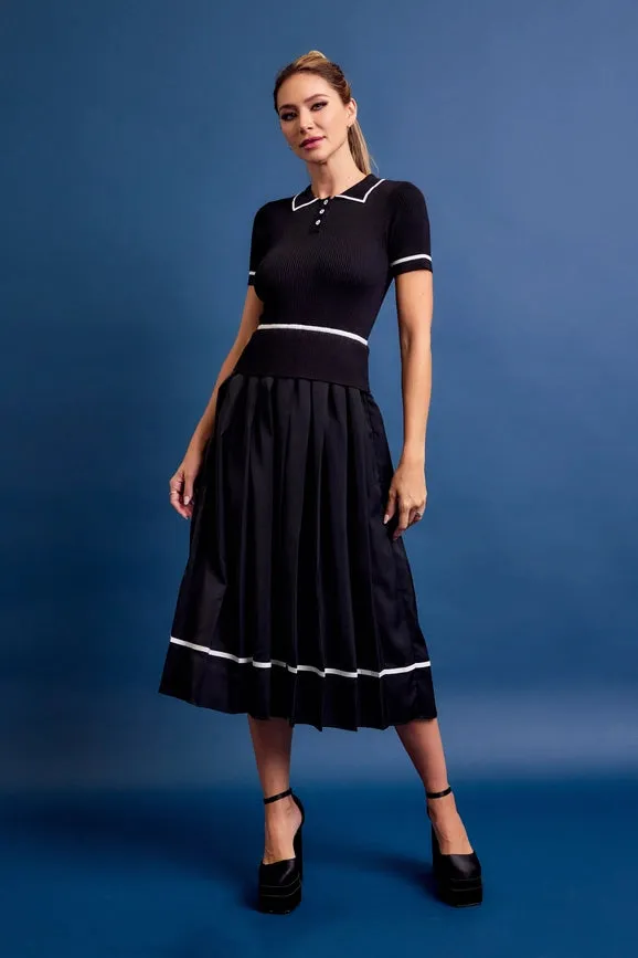 Knit Sleeveless Midi Dress Pleated Woven Skirt BLACK