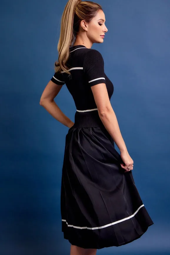 Knit Sleeveless Midi Dress Pleated Woven Skirt BLACK