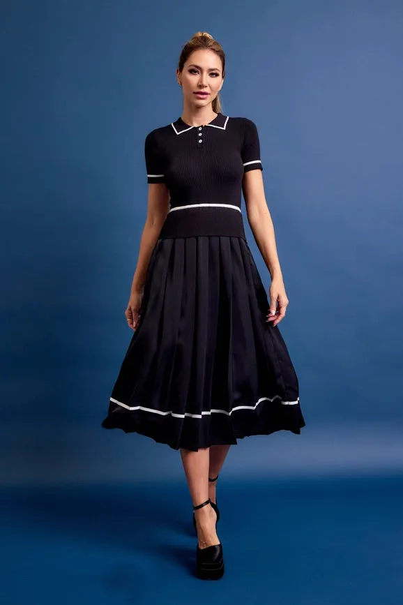 Knit Sleeveless Midi Dress Pleated Woven Skirt BLACK