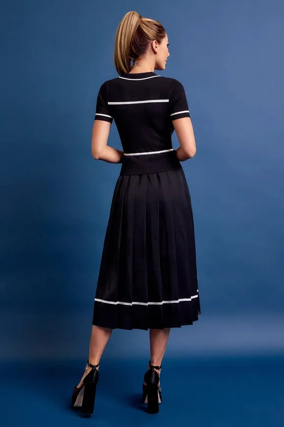Knit Sleeveless Midi Dress Pleated Woven Skirt BLACK