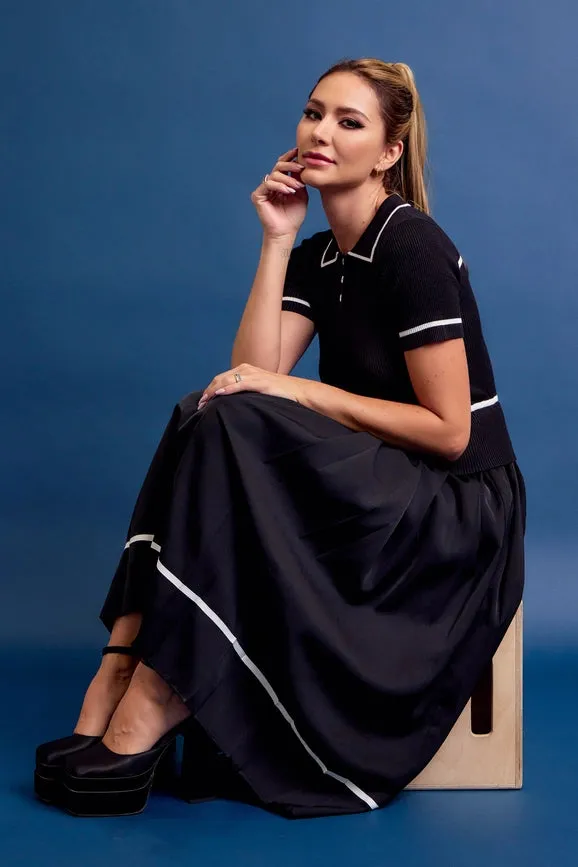 Knit Sleeveless Midi Dress Pleated Woven Skirt BLACK
