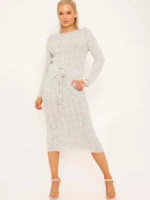 Leora Cable Knit Drawstring Waist Dress In Grey