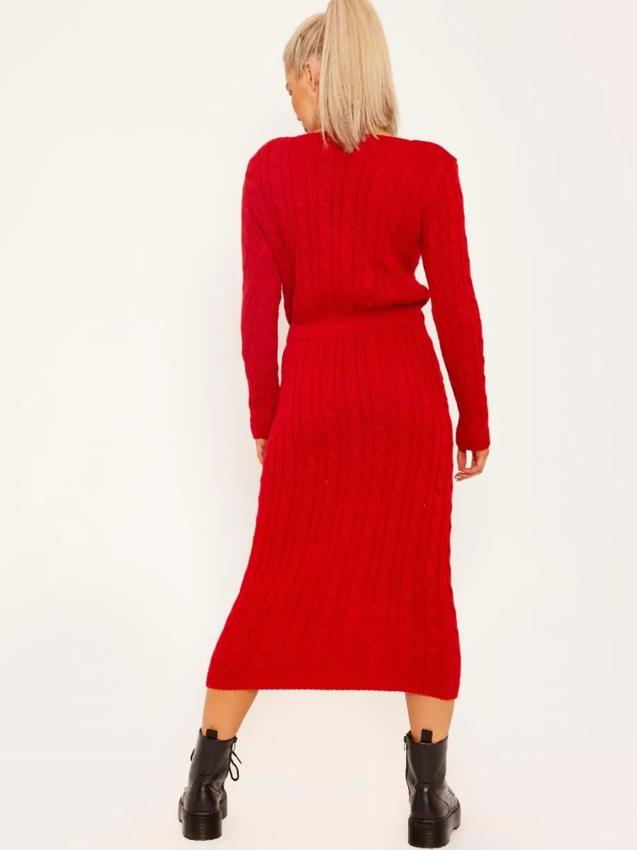Leora Cable Knit Drawstring Waist Dress In Red