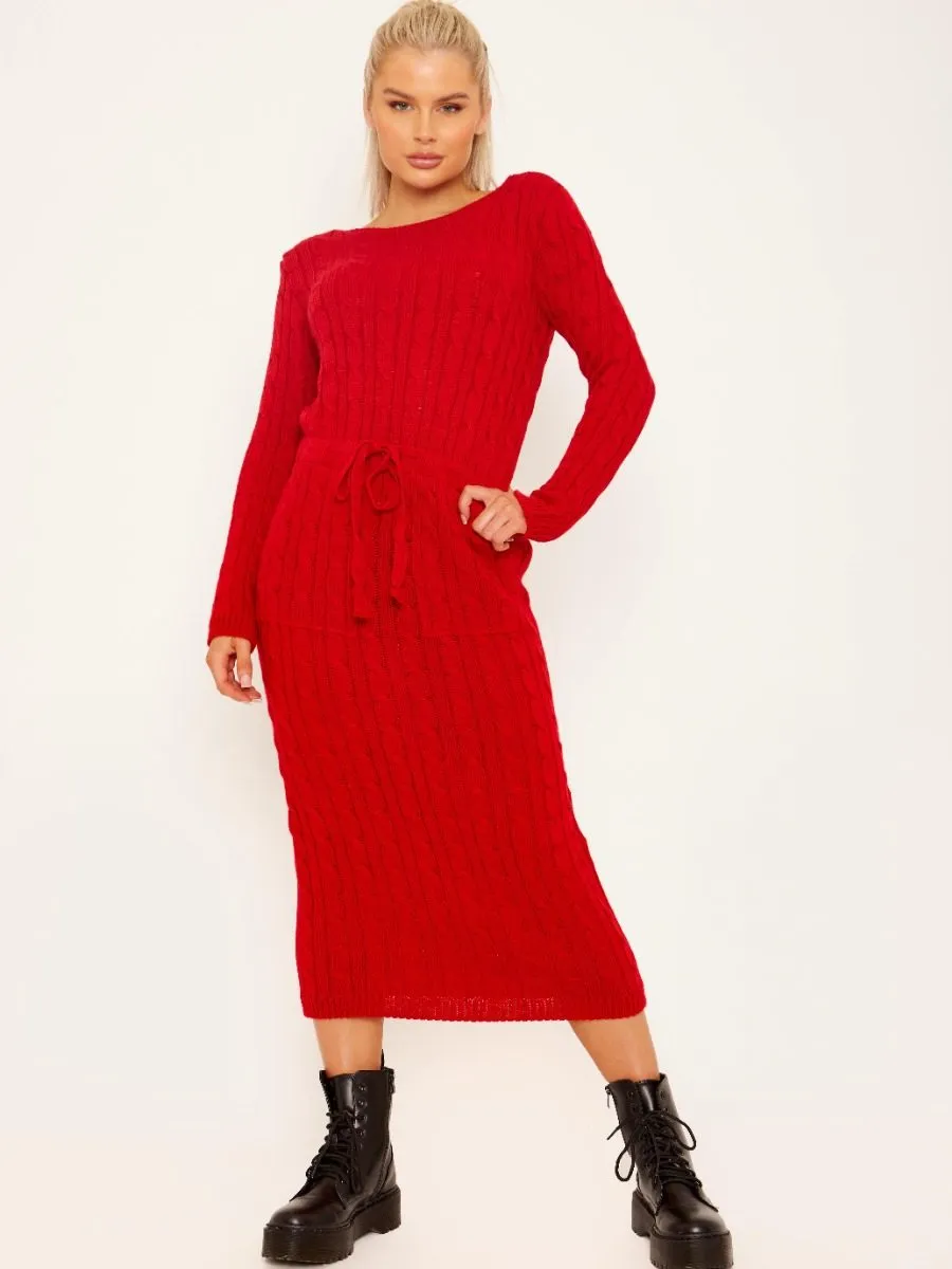 Leora Cable Knit Drawstring Waist Dress In Red