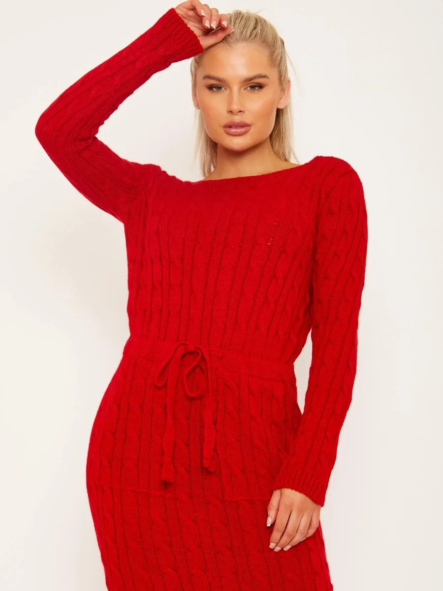 Leora Cable Knit Drawstring Waist Dress In Red