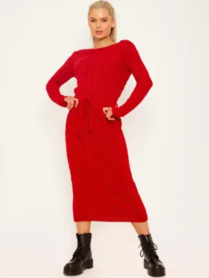 Leora Cable Knit Drawstring Waist Dress In Red
