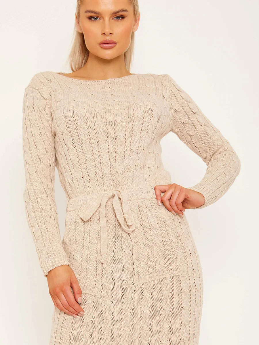 Leora Cable Knit Drawstring Waist Dress In Stone