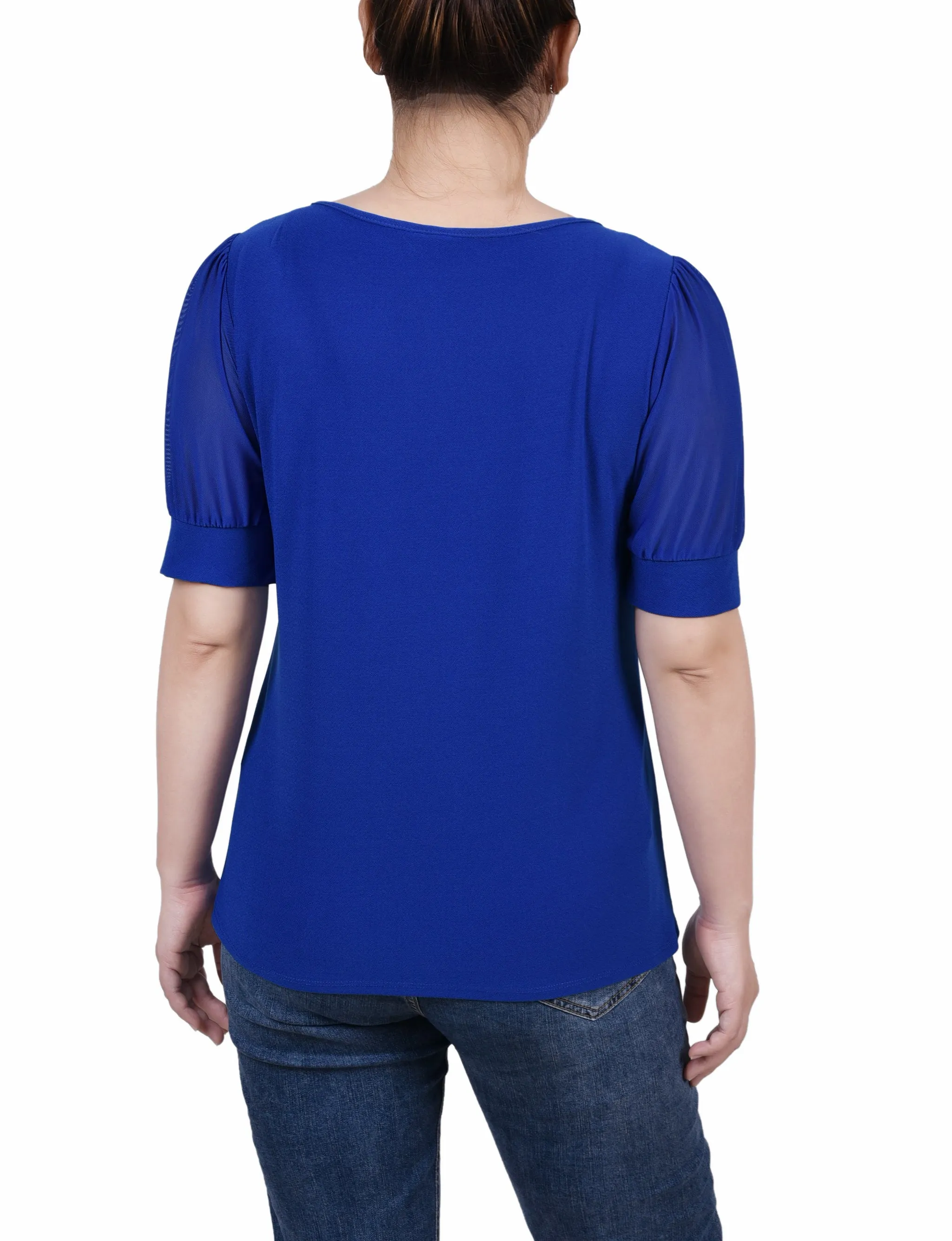 Long Sleeve Studded Colorblocked Split Neck Top
