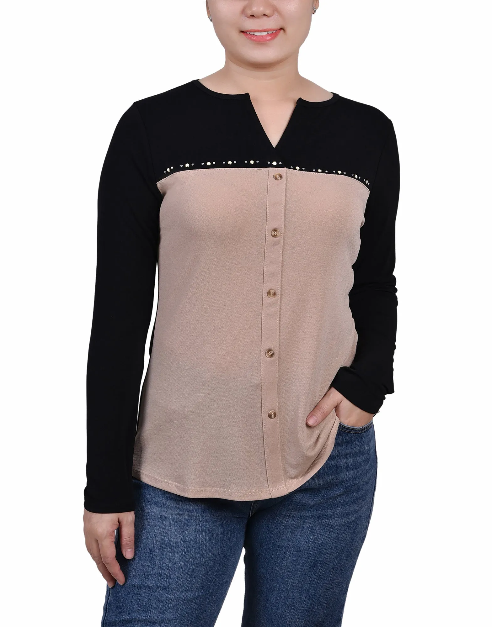 Long Sleeve Studded Colorblocked Split Neck Top