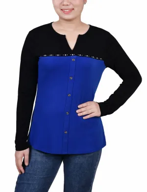 Long Sleeve Studded Colorblocked Split Neck Top