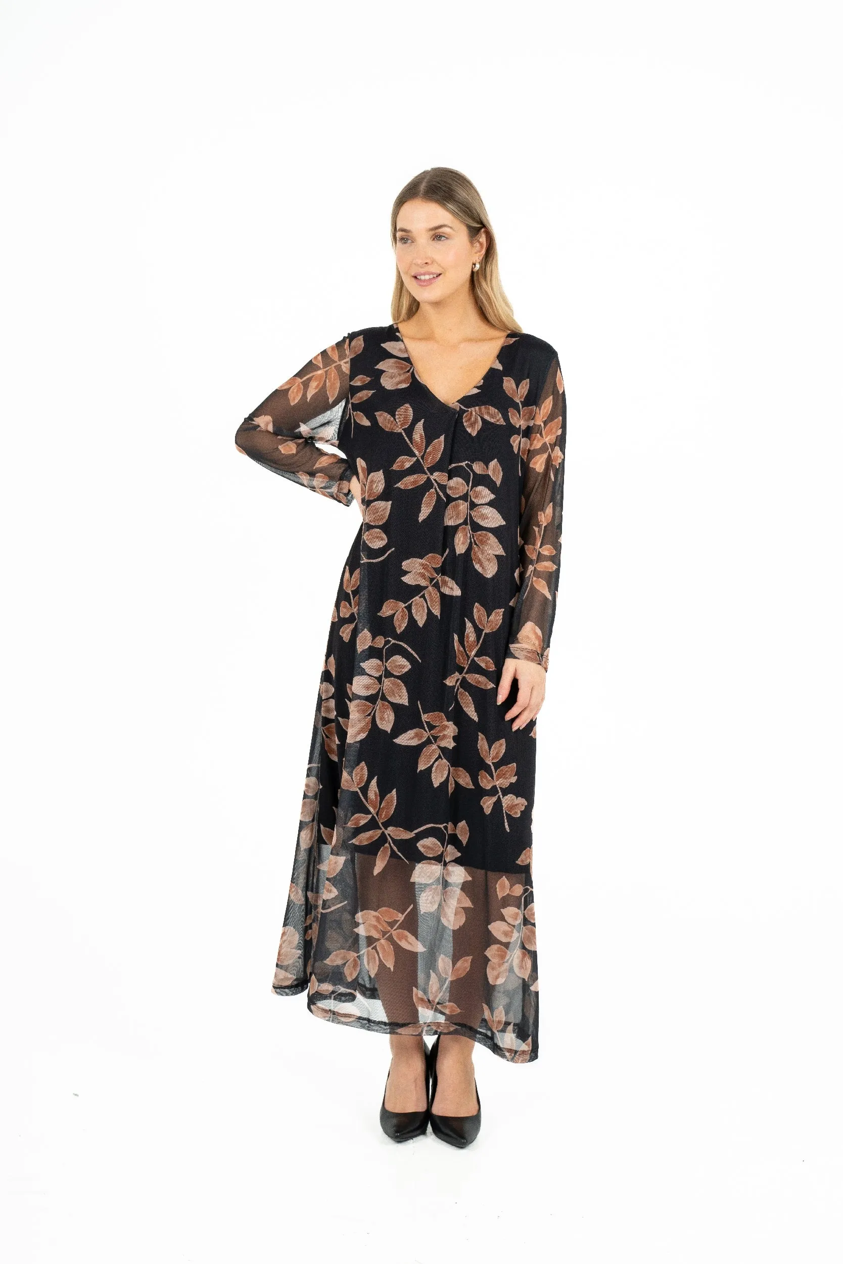 M Made in Italy – Printed V-Neck Dress With Sheer Long Sleeves – Black Branches
