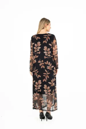 M Made in Italy – Printed V-Neck Dress With Sheer Long Sleeves – Black Branches