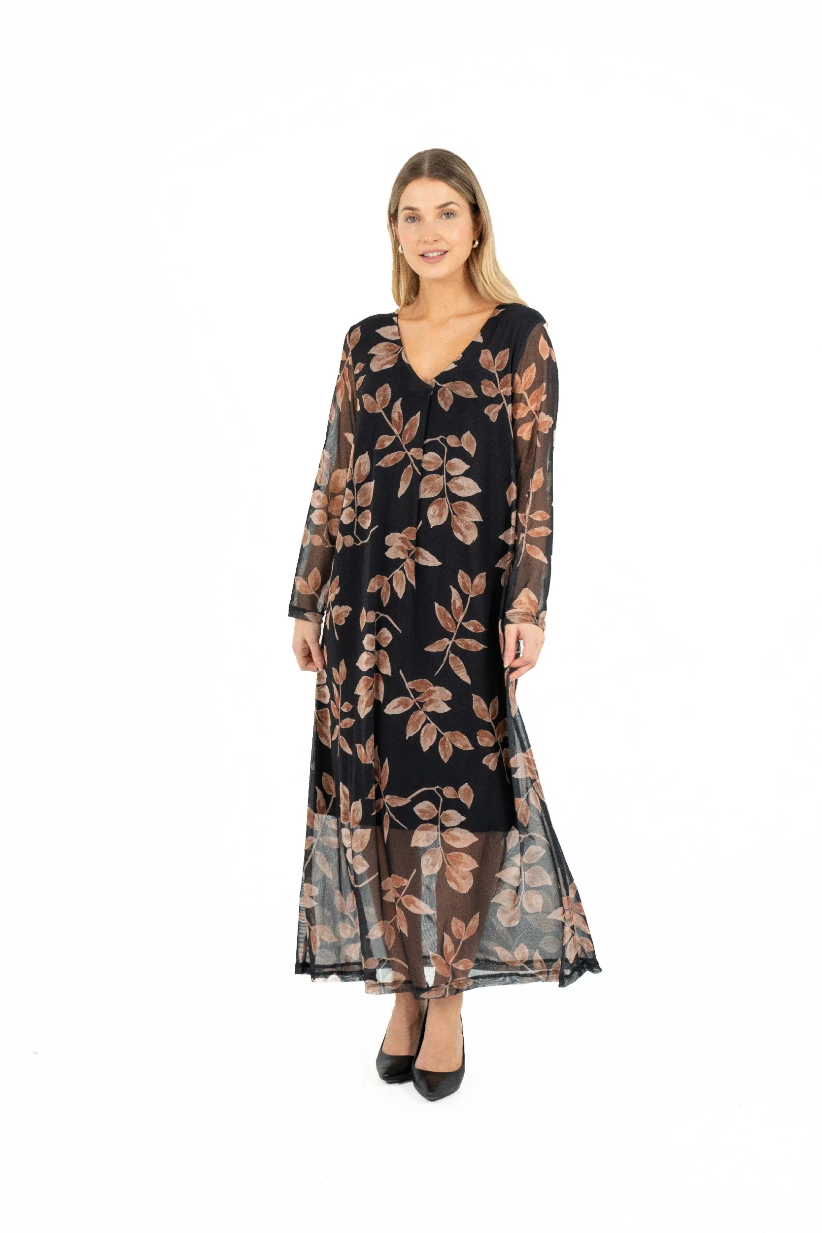 M Made in Italy – Printed V-Neck Dress With Sheer Long Sleeves – Black Branches