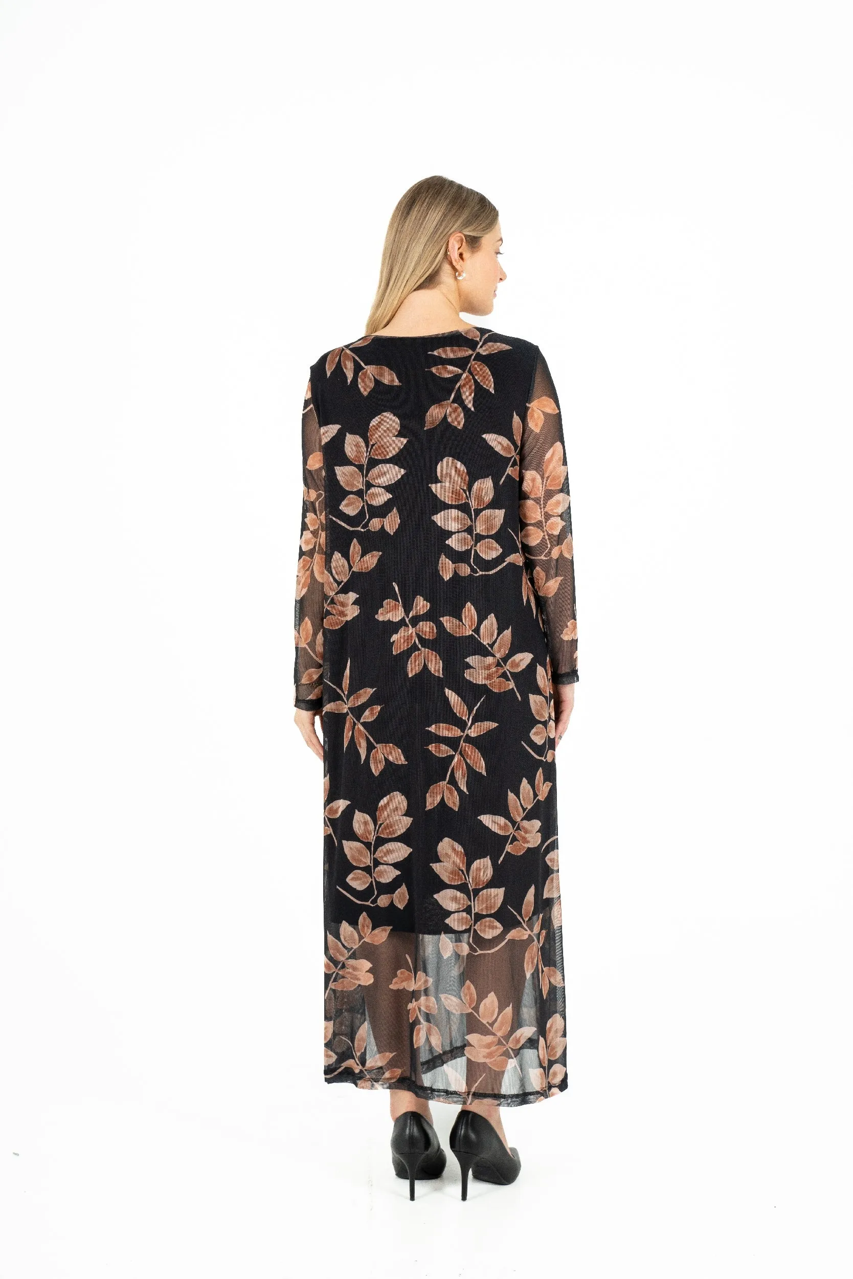 M Made in Italy – Printed V-Neck Dress With Sheer Long Sleeves – Black Branches