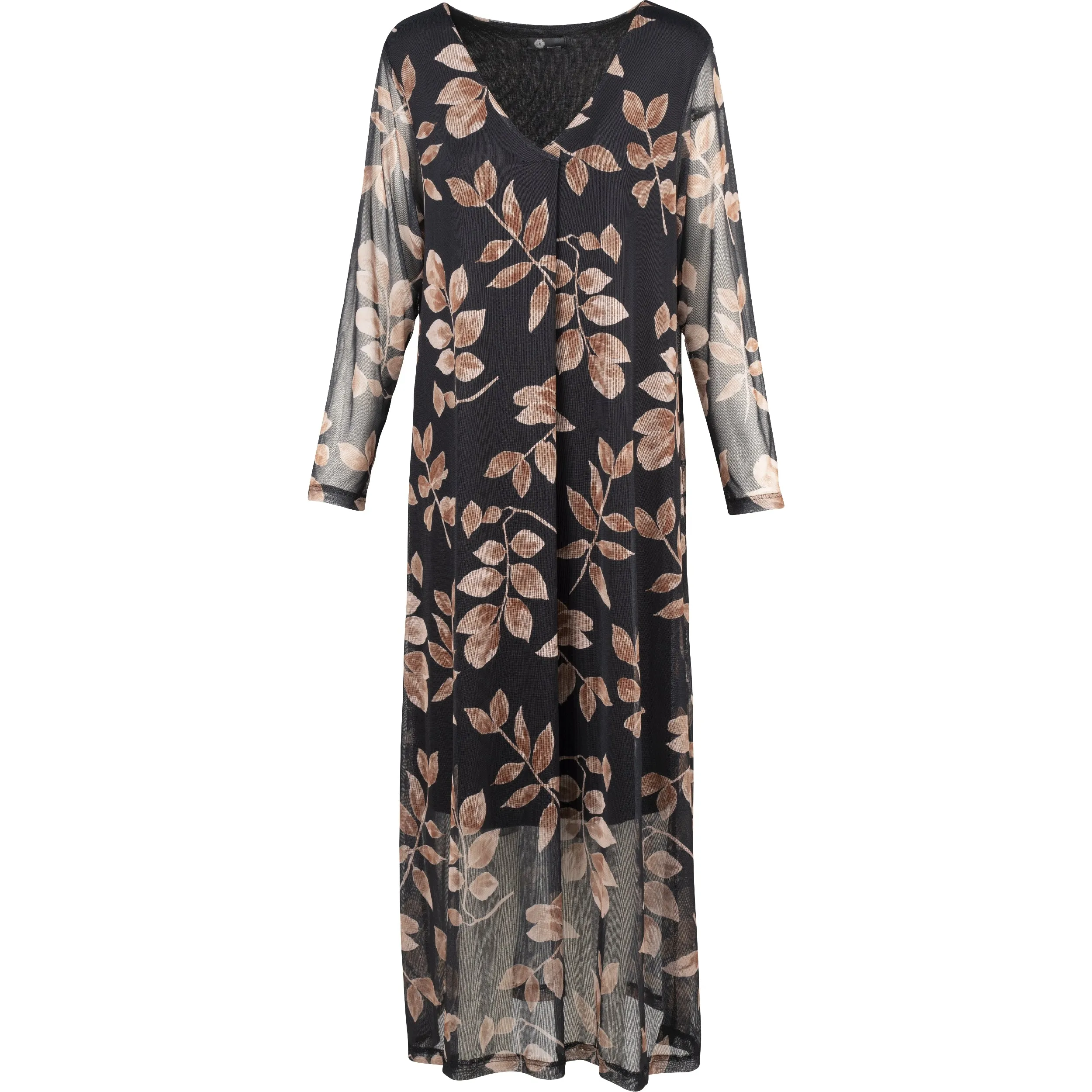 M Made in Italy – Printed V-Neck Dress With Sheer Long Sleeves – Black Branches