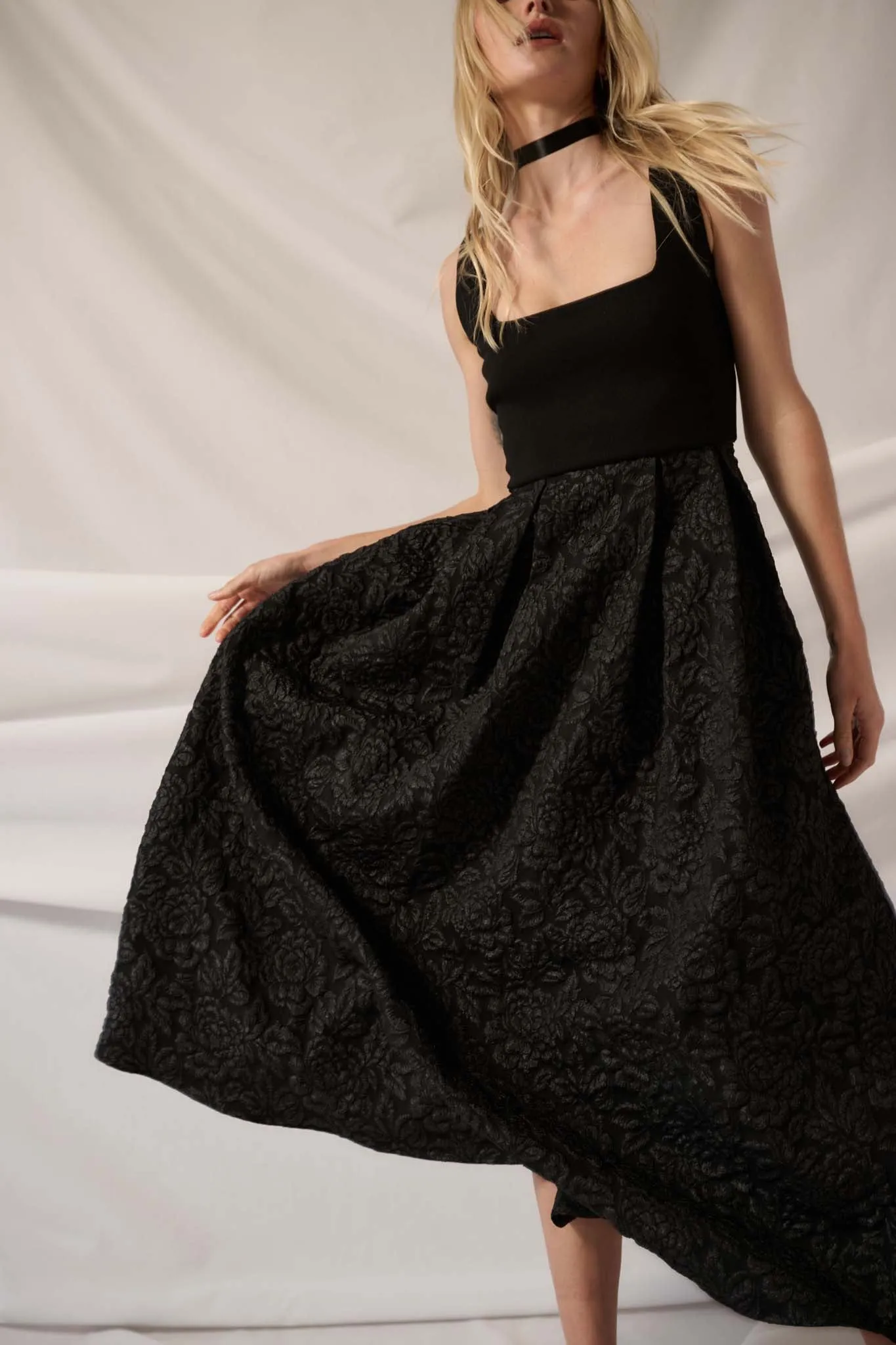 Midnight Rose Floral Brocade Midi Dress