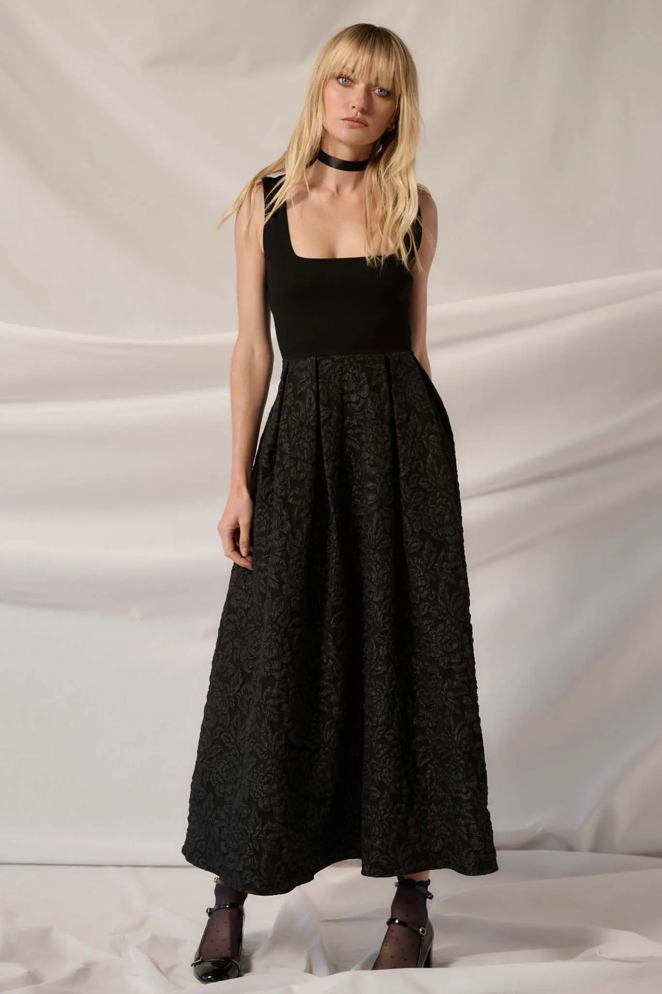Midnight Rose Floral Brocade Midi Dress