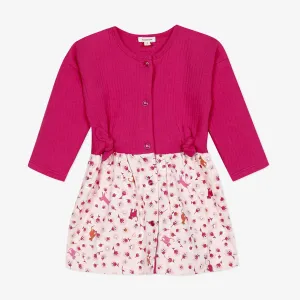Newborn girl pink dress with floral print and bows