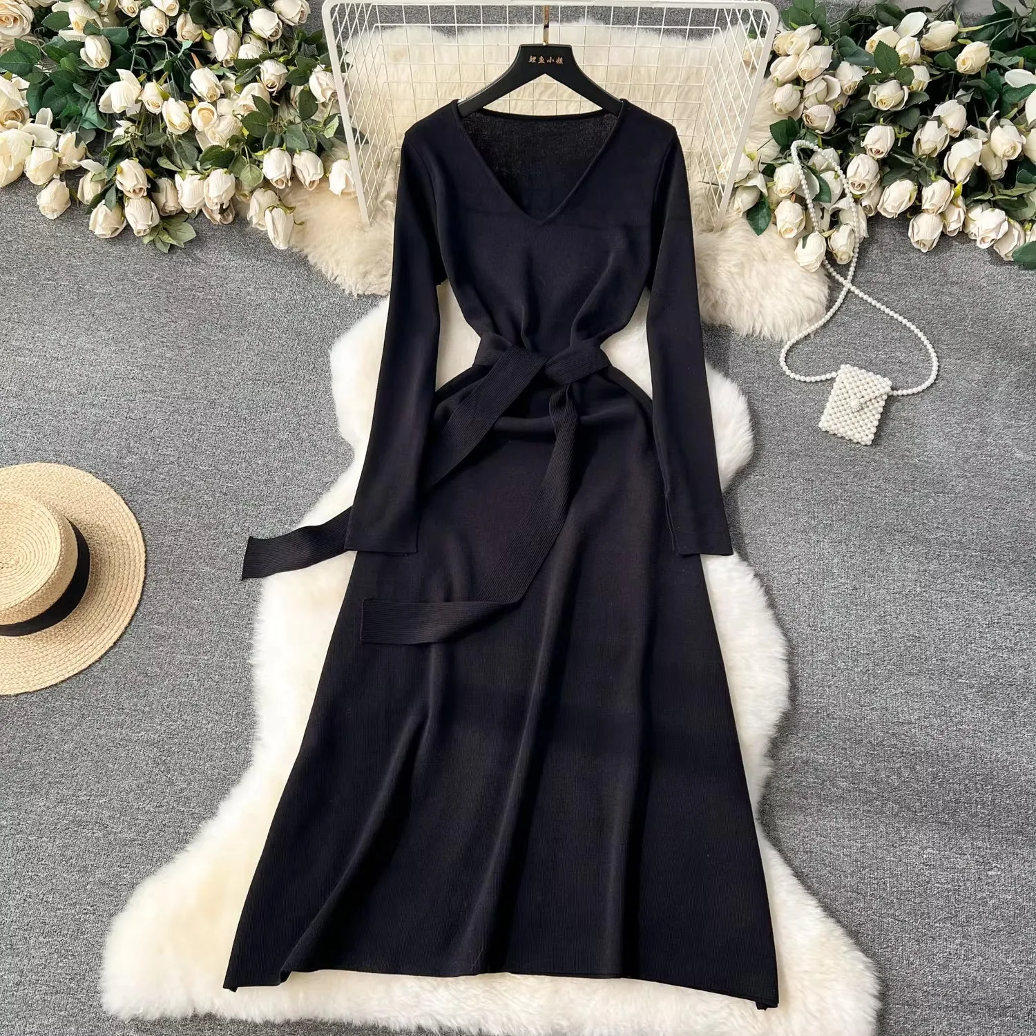 Premium Knit V-Neck Slit Maxi Dress for Women - Long Sleeve | Women