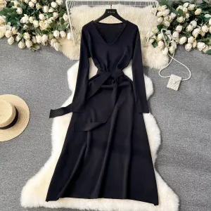 Premium Knit V-Neck Slit Maxi Dress for Women - Long Sleeve | Women