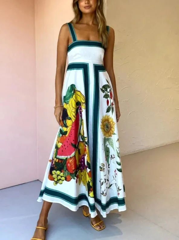 Printed Backless Suspender Sexy Oversized Dress
