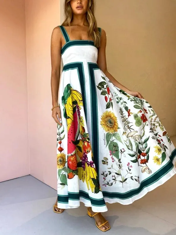 Printed Backless Suspender Sexy Oversized Dress