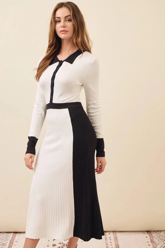Sol Knit Colorblock Pleated Midi Dress IVORY/BLACK