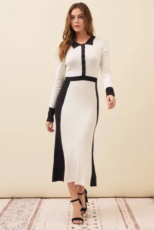 Sol Knit Colorblock Pleated Midi Dress IVORY/BLACK