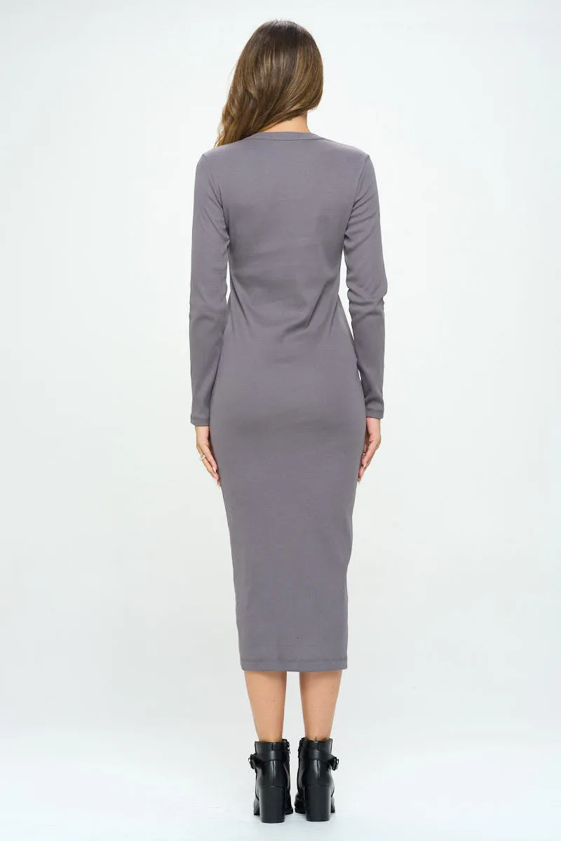 Solid Rib Knit Cardigan Midi Dress With Slit