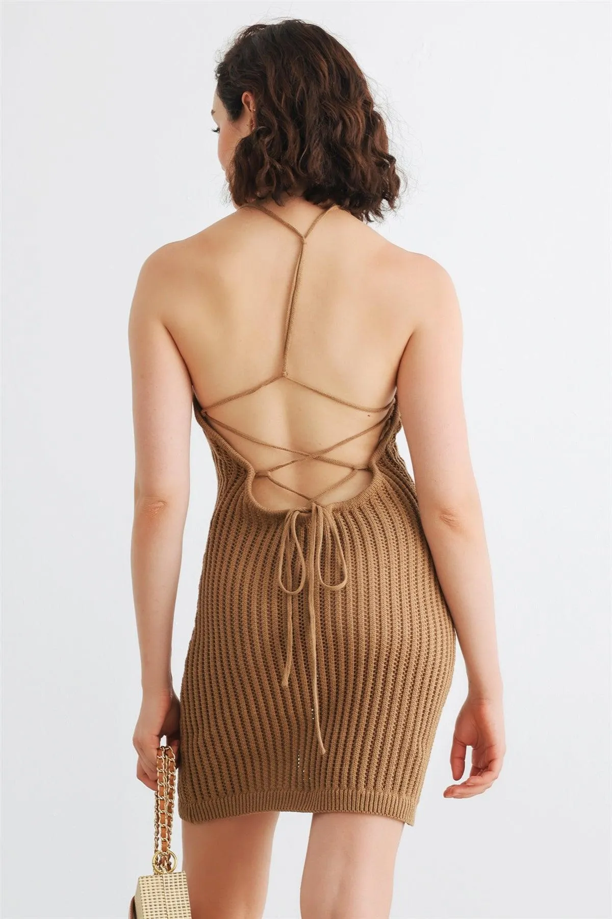 Tan Cotton Crochet Knit Halter Neck Mini Dress /1-2-2-1